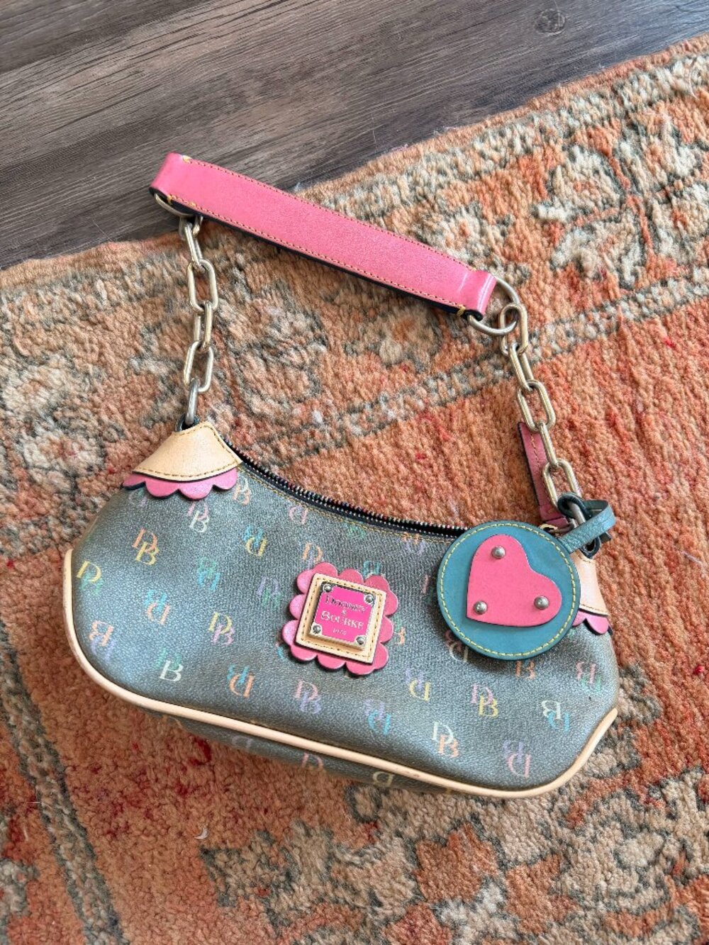 Vintage Dooney and Bourke Y2K Multicolor Hearts Signature Mini Bag Heart Charm